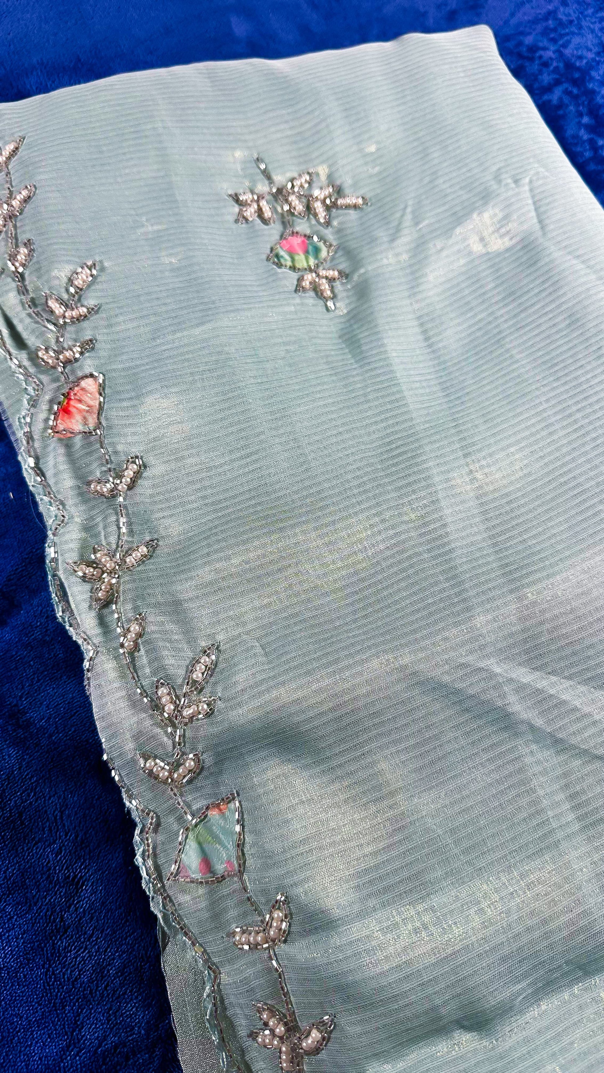 Complete saree set showing floral dupatta draped with mint blue silk saree - Indian ethnic wear UK