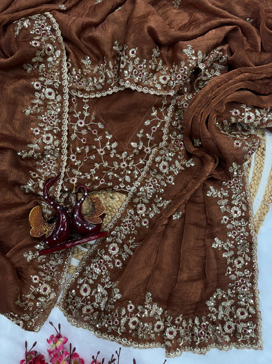 Luxury brown chiffon saree with heavy sequin embroidery and floral motifs, complete with matching unstitched blouse piece - designer Indian ethnic wear UK