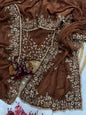Luxury brown chiffon saree with heavy sequin embroidery and floral motifs, complete with matching unstitched blouse piece - designer Indian ethnic wear UK