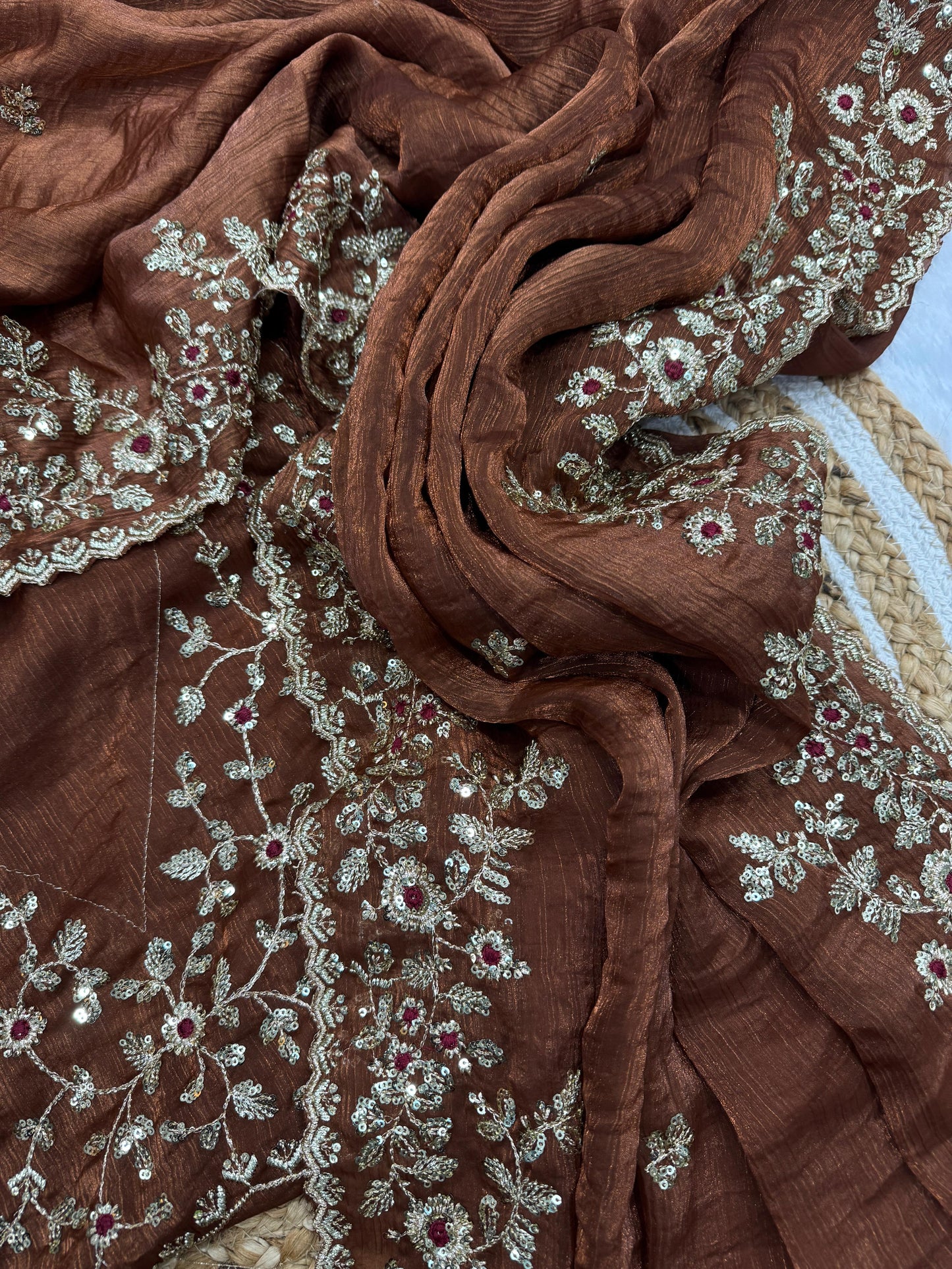 Luxury brown chiffon saree with heavy sequin embroidery and floral motifs, complete with matching unstitched blouse piece - designer Indian ethnic wear UK