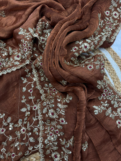 Luxury brown chiffon saree with heavy sequin embroidery and floral motifs, complete with matching unstitched blouse piece - designer Indian ethnic wear UK