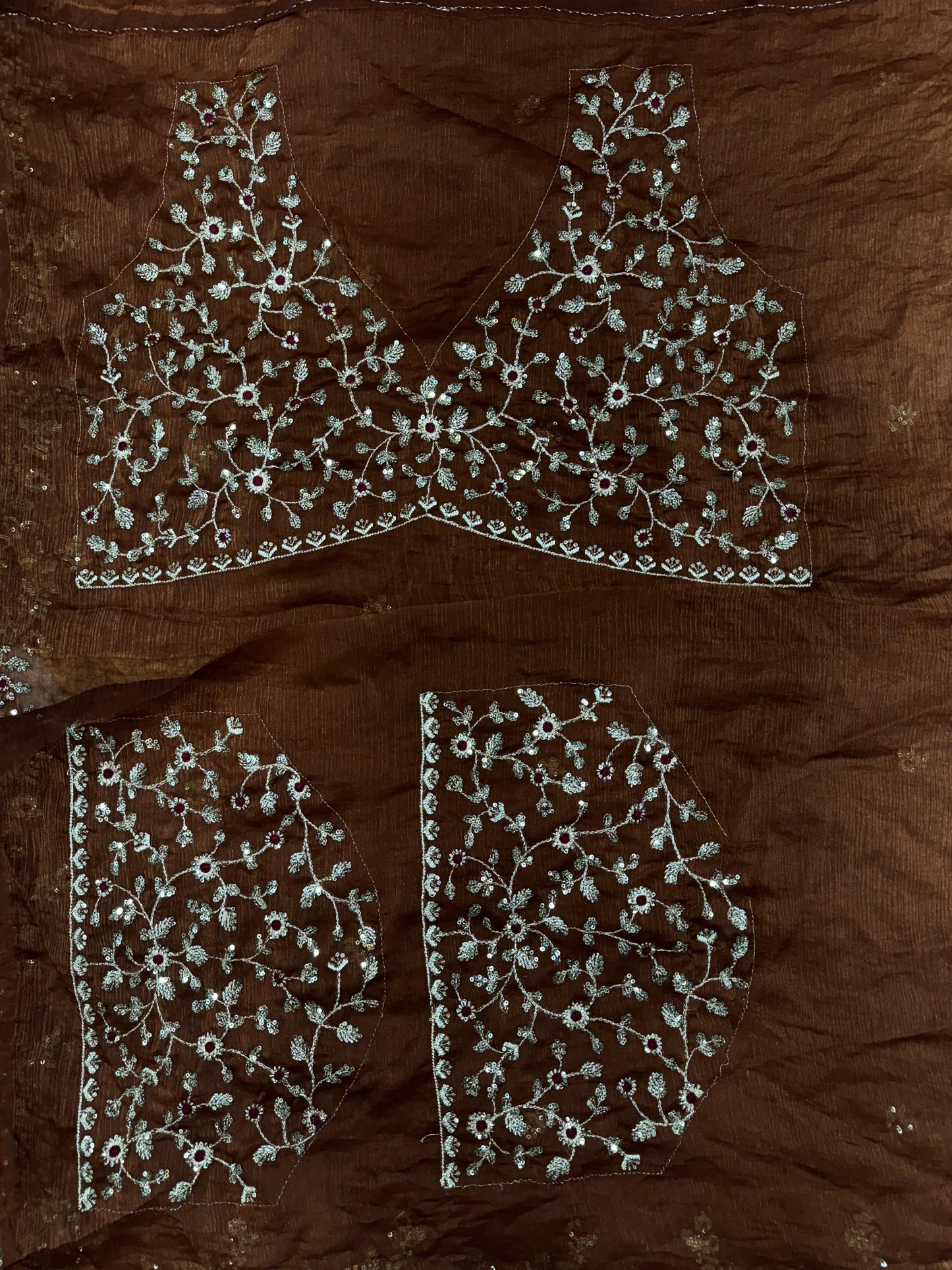 Luxury brown chiffon saree with heavy sequin embroidery and floral motifs, complete with matching unstitched blouse piece - designer Indian ethnic wear UK