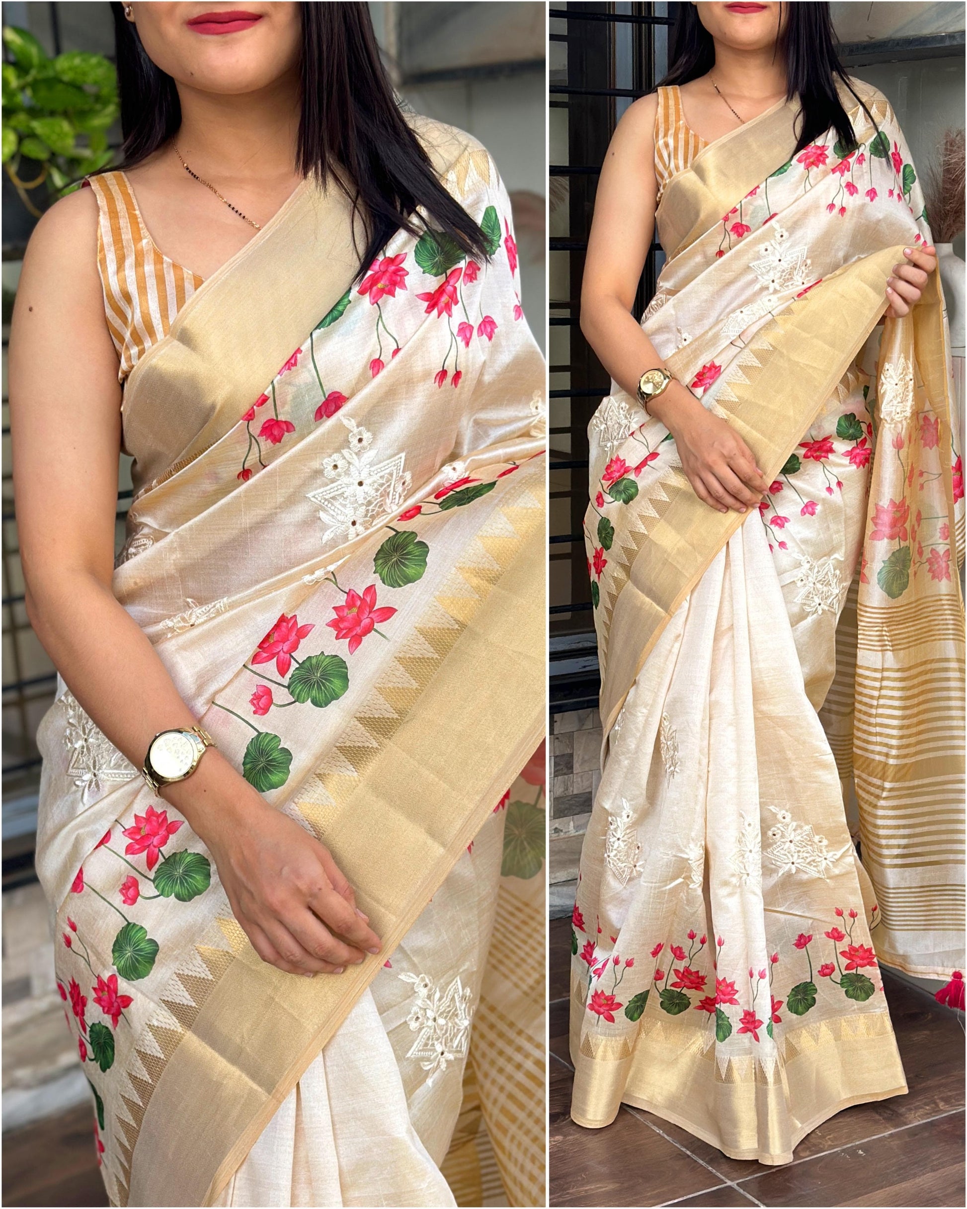 Typically traditional cream Assam silk saree with 3D concept design featuring pink lotus digital print, zari jacquard border and thread embroidered cut work - luxury Indian ethnic wear UK