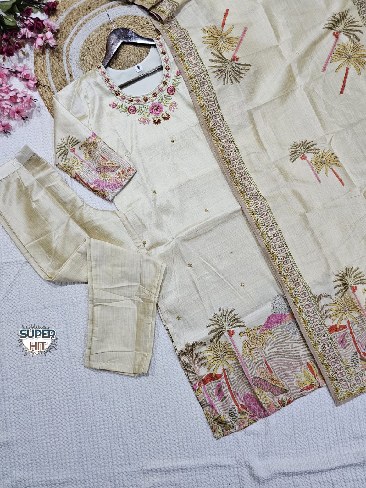 Elegant cream viscose Assam silk salwar set with palm print dupatta and floral hand embroidery - 3 piece designer Indian suit for UK customers