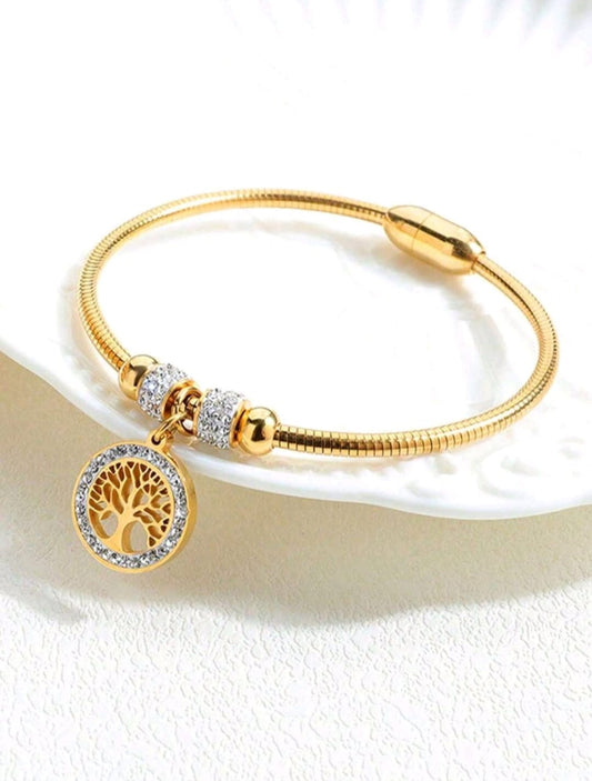 Gold Tree of Life charm bracelet with crystal halo and matching spacer beads - meaningful symbolic jewellery for UK customers