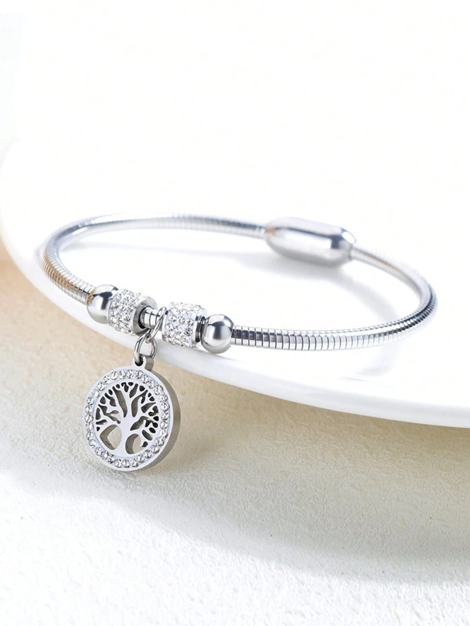 Silver Tree of Life charm bracelet with crystal halo and matching spacer beads - meaningful symbolic jewellery for UK customers