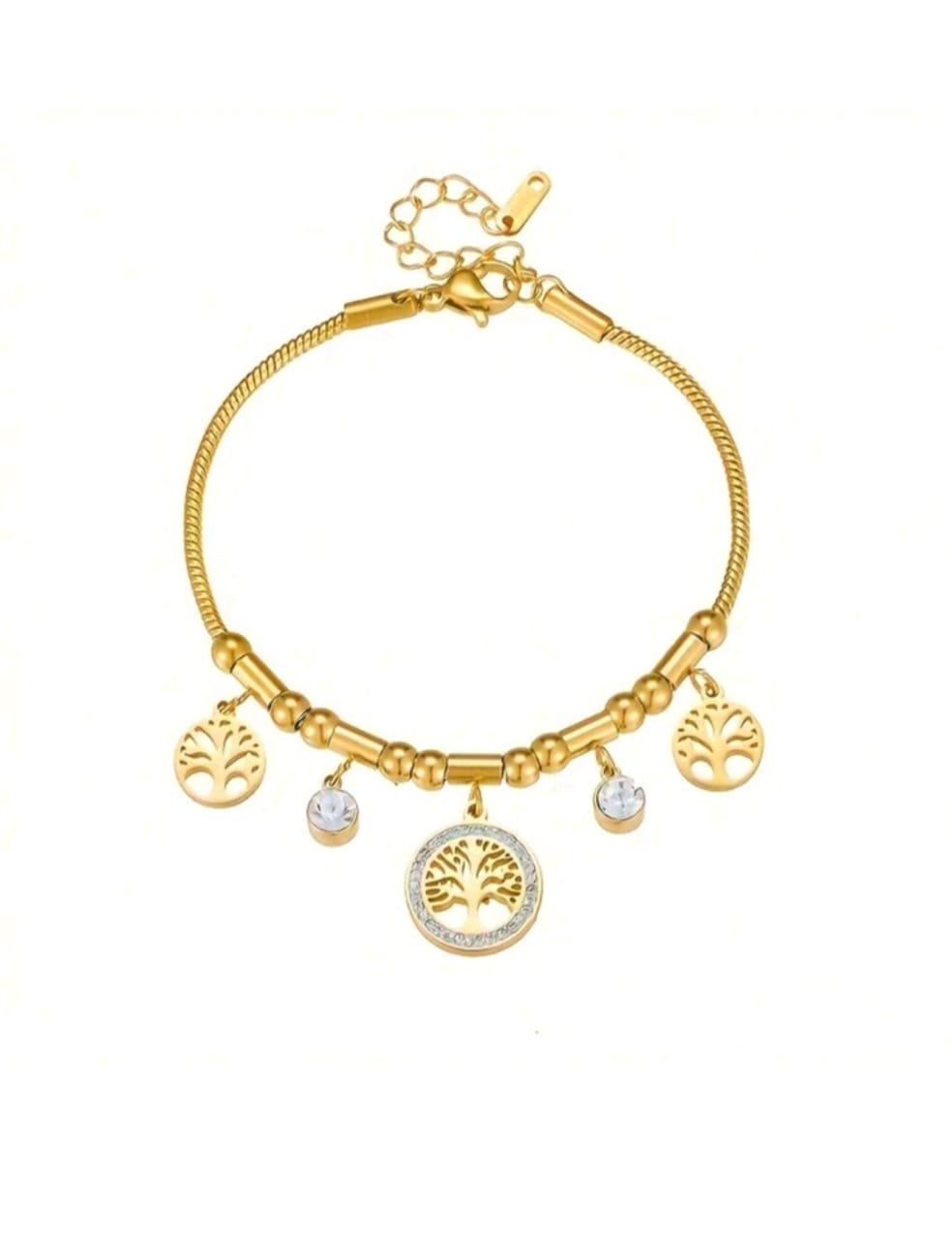 Gold Tree of Life charm bracelet with multiple symbolic tree pendants and crystal accents in elegant gift box - meaningful jewellery for UK customers