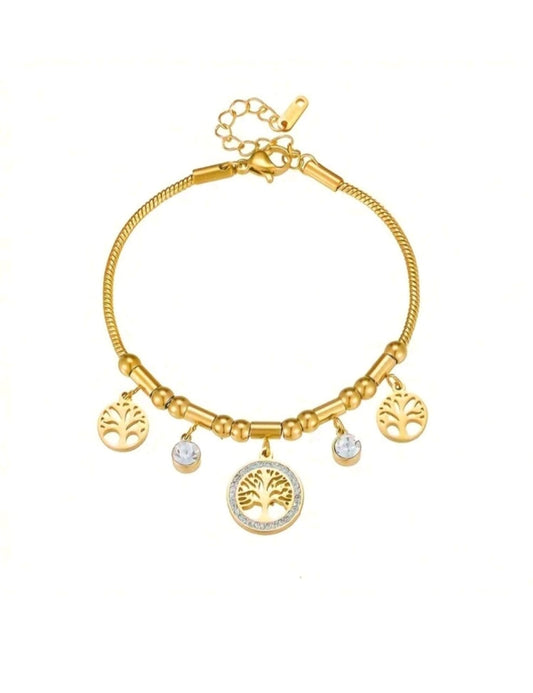 Gold Tree of Life charm bracelet with multiple symbolic tree pendants and crystal accents in elegant gift box - meaningful jewellery for UK customers