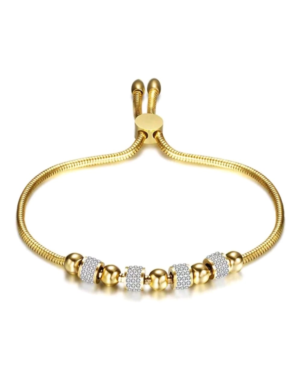 Luxury gold adjustable slider bracelet with crystal pavé beads and gold spacers in elegant gift box - contemporary tennis style jewellery UK”