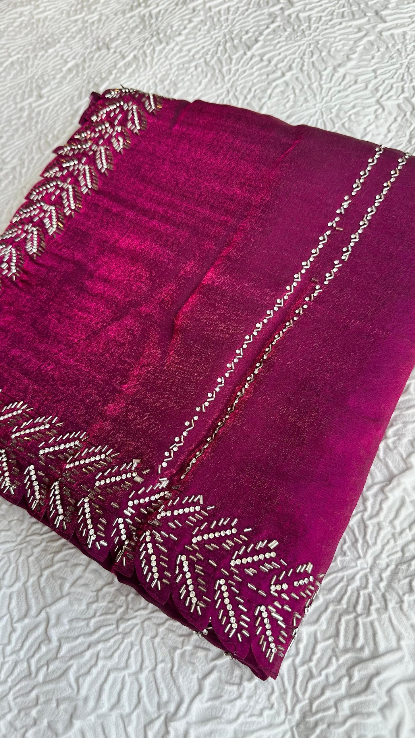 Elegant magenta barberry fabric saree with intricate silver hand embroidery featuring botanical leaf patterns and traditional border work - premium Indian designer saree UK