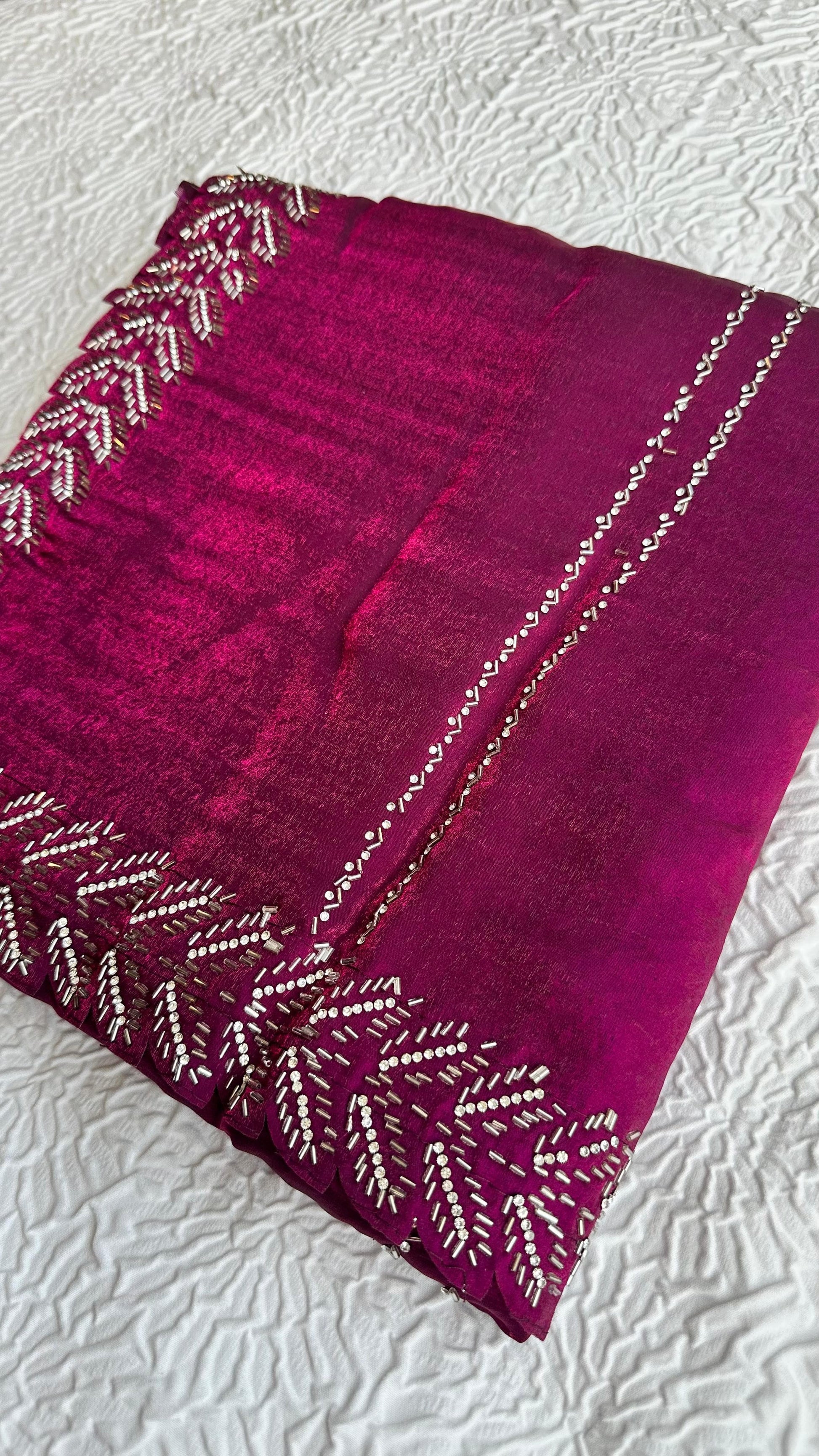 Elegant magenta barberry fabric saree with intricate silver hand embroidery featuring botanical leaf patterns and traditional border work - premium Indian designer saree UK