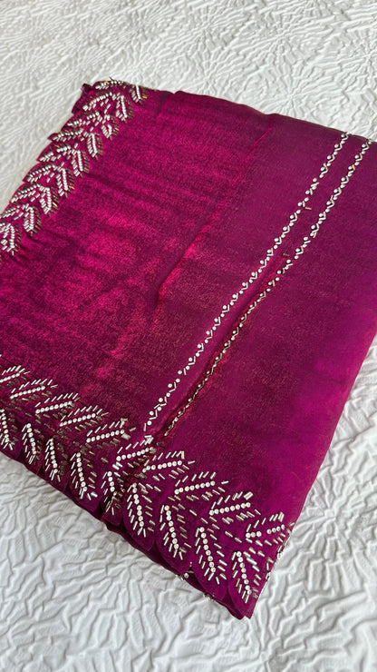 Elegant magenta barberry fabric saree with intricate silver hand embroidery featuring botanical leaf patterns and traditional border work - premium Indian designer saree UK