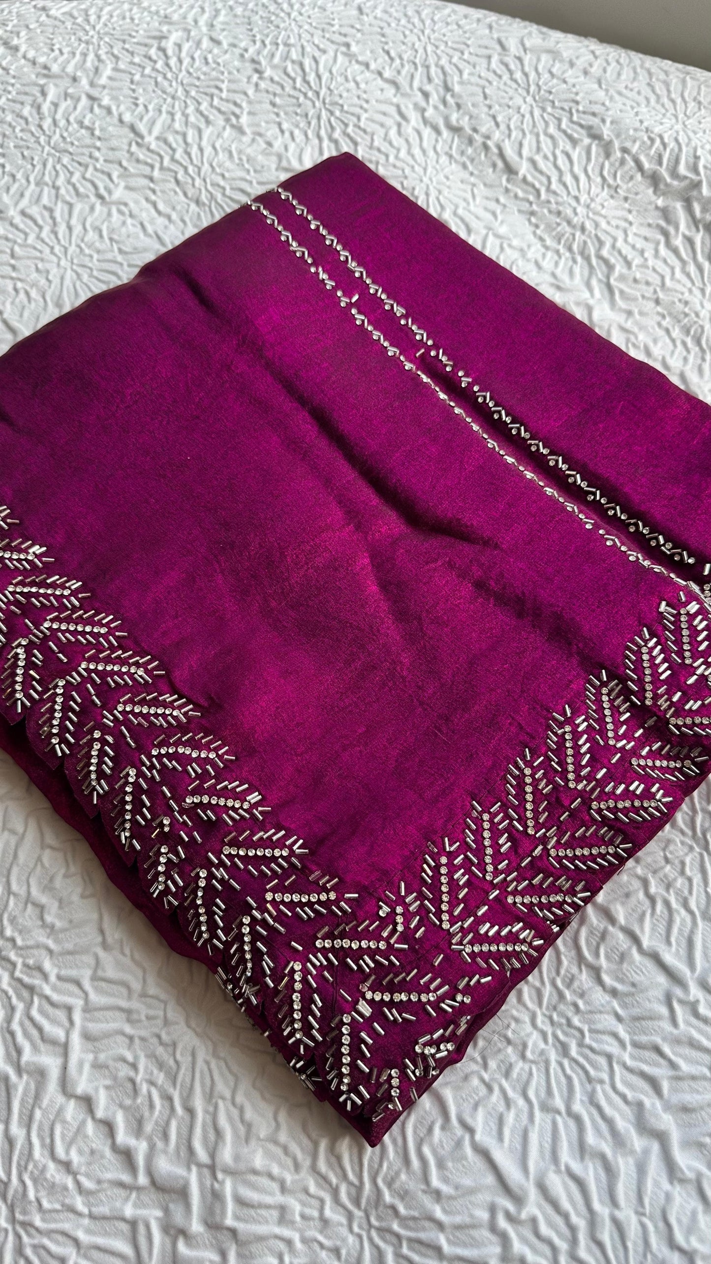 Elegant magenta barberry fabric saree with intricate silver hand embroidery featuring botanical leaf patterns and traditional border work - premium Indian designer saree UK