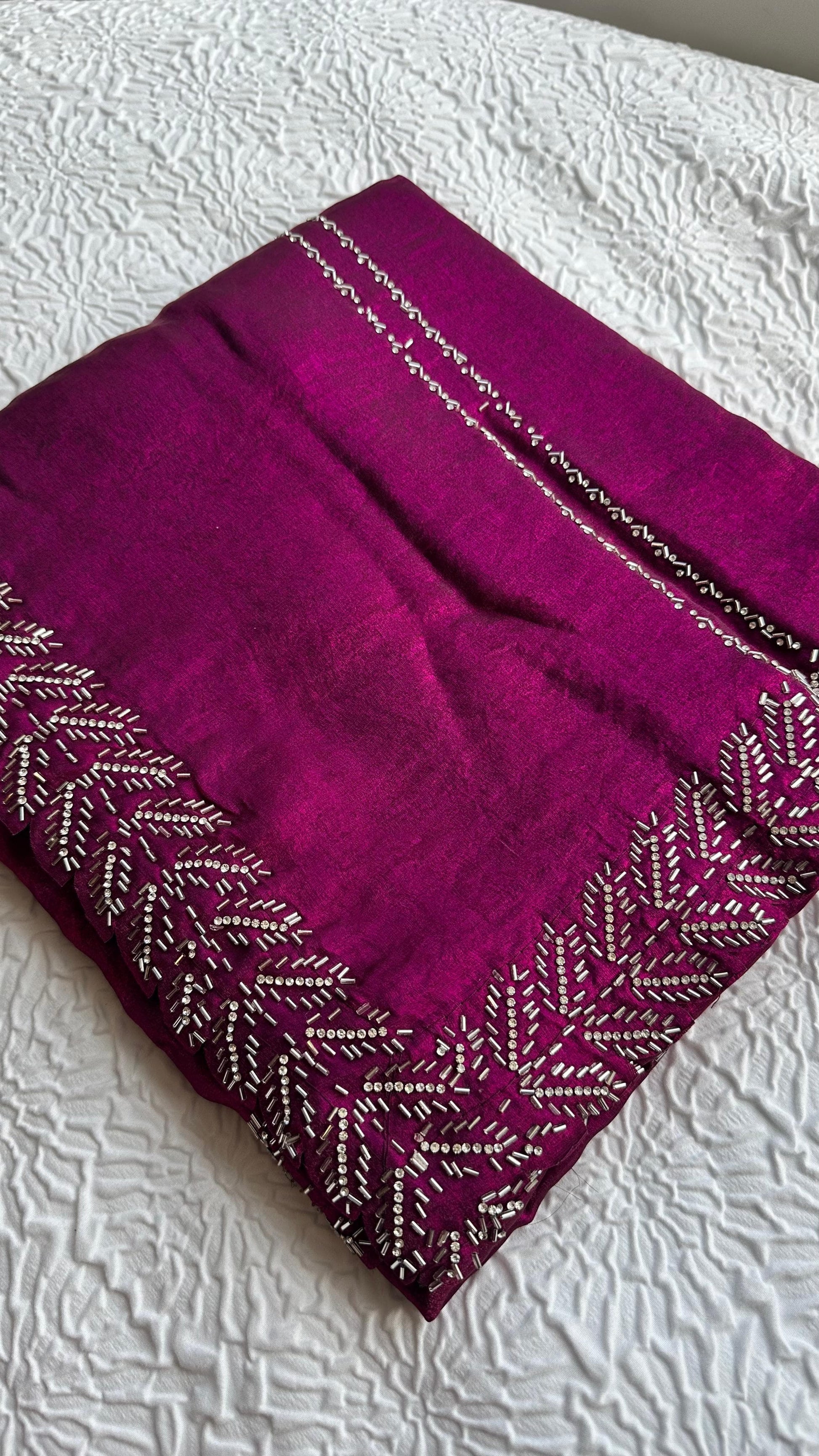 Elegant magenta barberry fabric saree with intricate silver hand embroidery featuring botanical leaf patterns and traditional border work - premium Indian designer saree UK