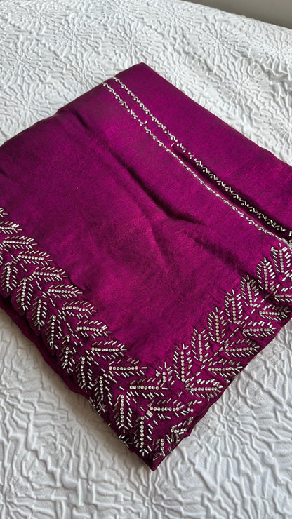 Elegant magenta barberry fabric saree with intricate silver hand embroidery featuring botanical leaf patterns and traditional border work - premium Indian designer saree UK