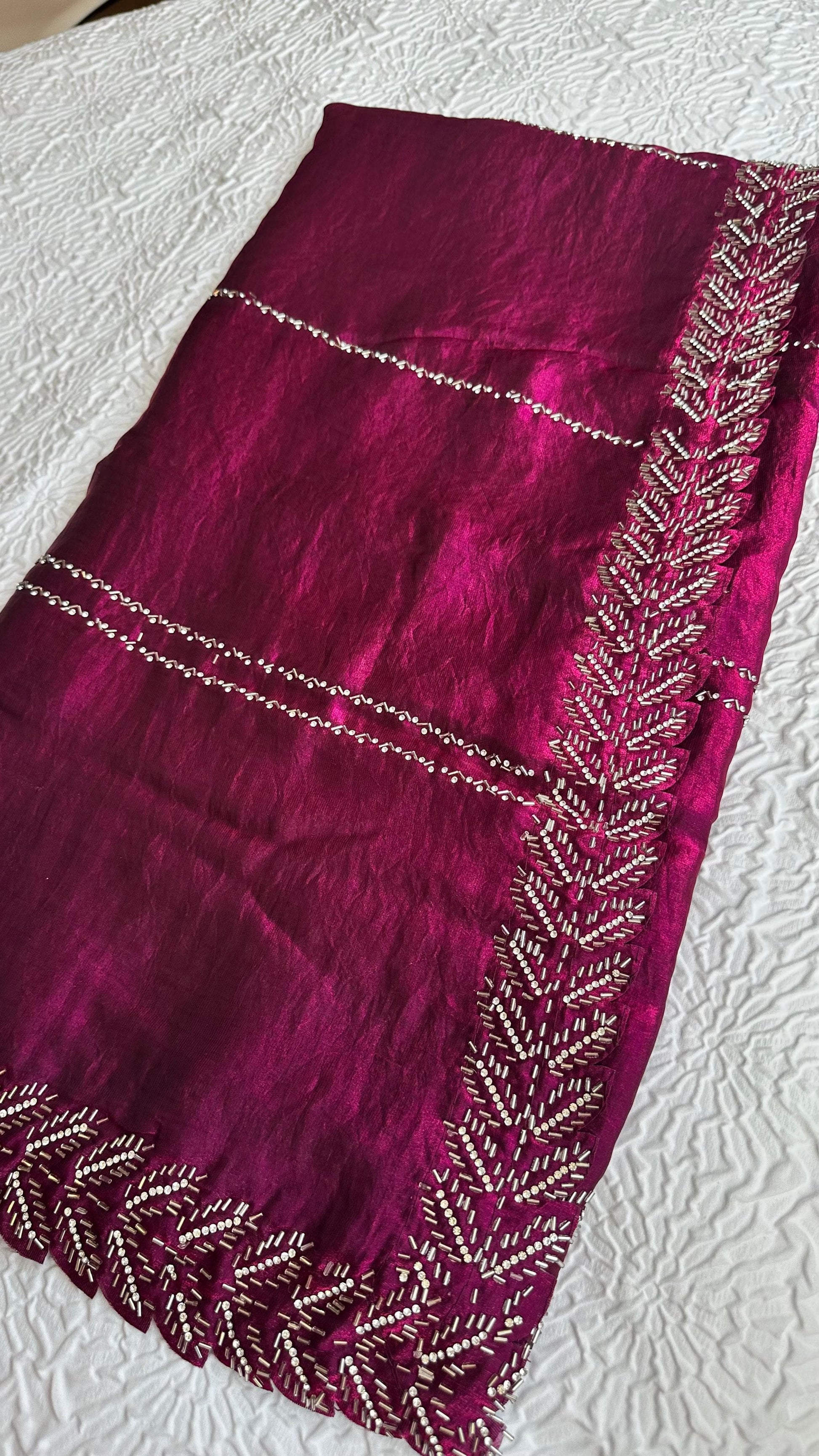 Elegant magenta barberry fabric saree with intricate silver hand embroidery featuring botanical leaf patterns and traditional border work - premium Indian designer saree UK