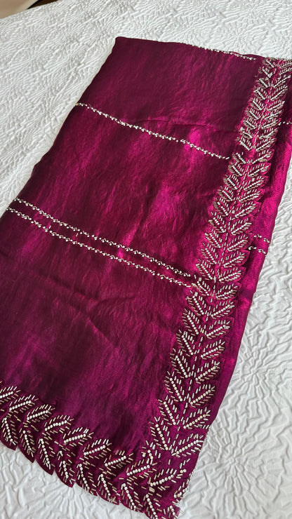 Elegant magenta barberry fabric saree with intricate silver hand embroidery featuring botanical leaf patterns and traditional border work - premium Indian designer saree UK