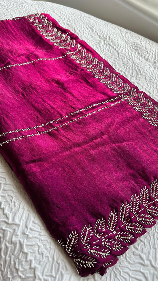 Elegant magenta barberry fabric saree with intricate silver hand embroidery featuring botanical leaf patterns and traditional border work - premium Indian designer saree UK