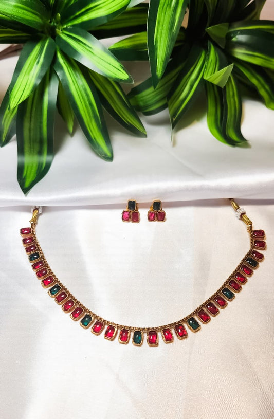 South Indian ruby and green stone necklace set with matching earrings