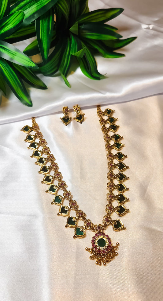 South Indian emerald green stone temple necklace with earrings