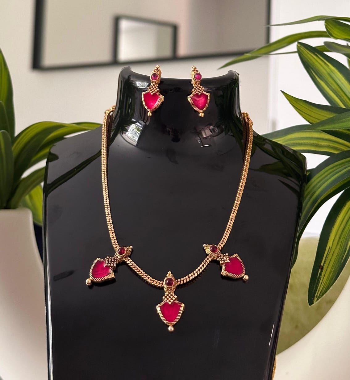 Simple traditional necklace set with ruby stones for sarees and kurtis
