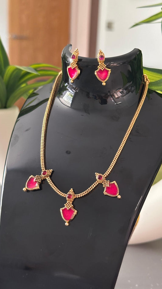 Ruby red leaf necklace set with earrings – South Indian jewellery UK