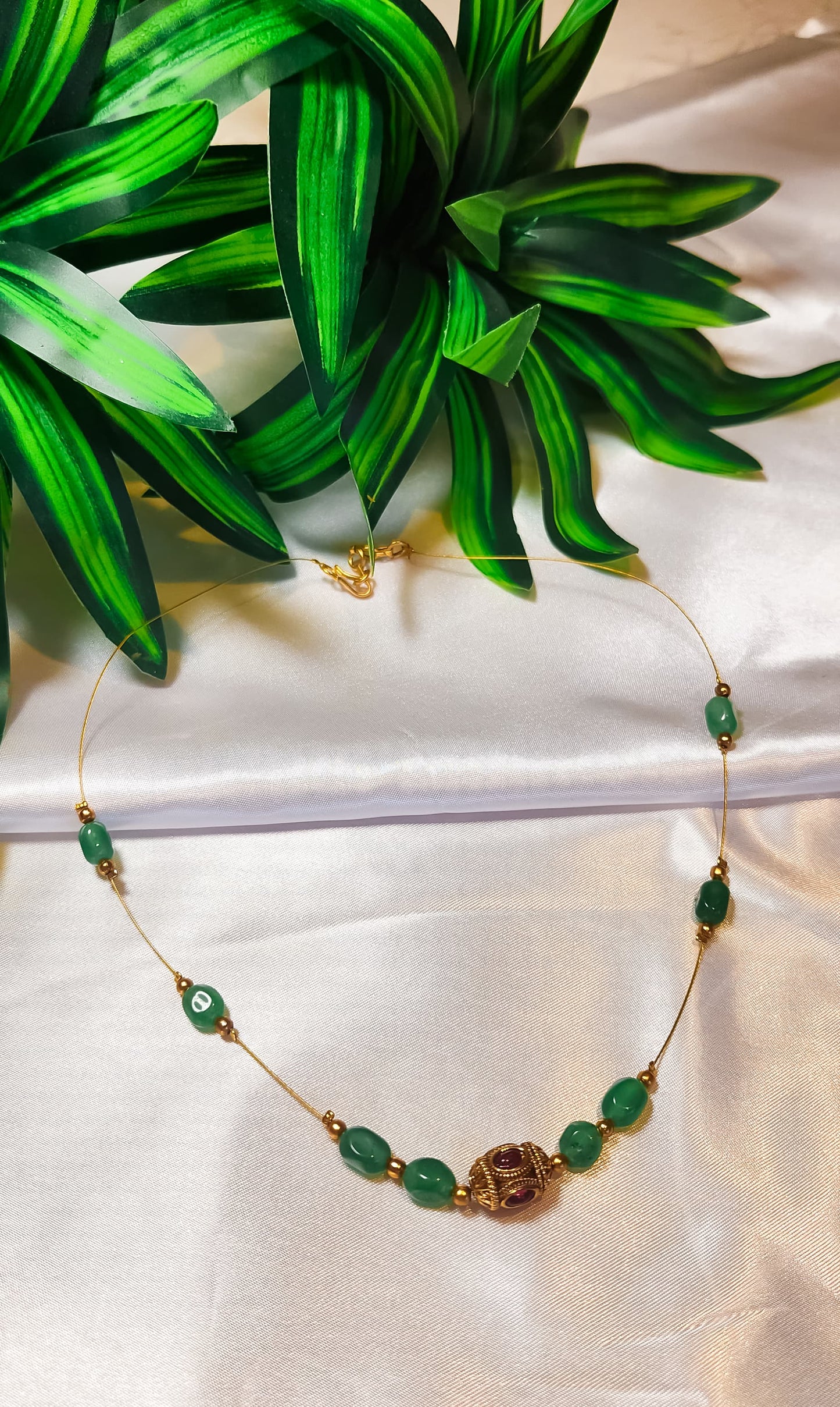 Simple gold and green bead necklace for sarees and kurtis