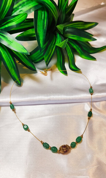 Simple gold and green bead necklace for sarees and kurtis