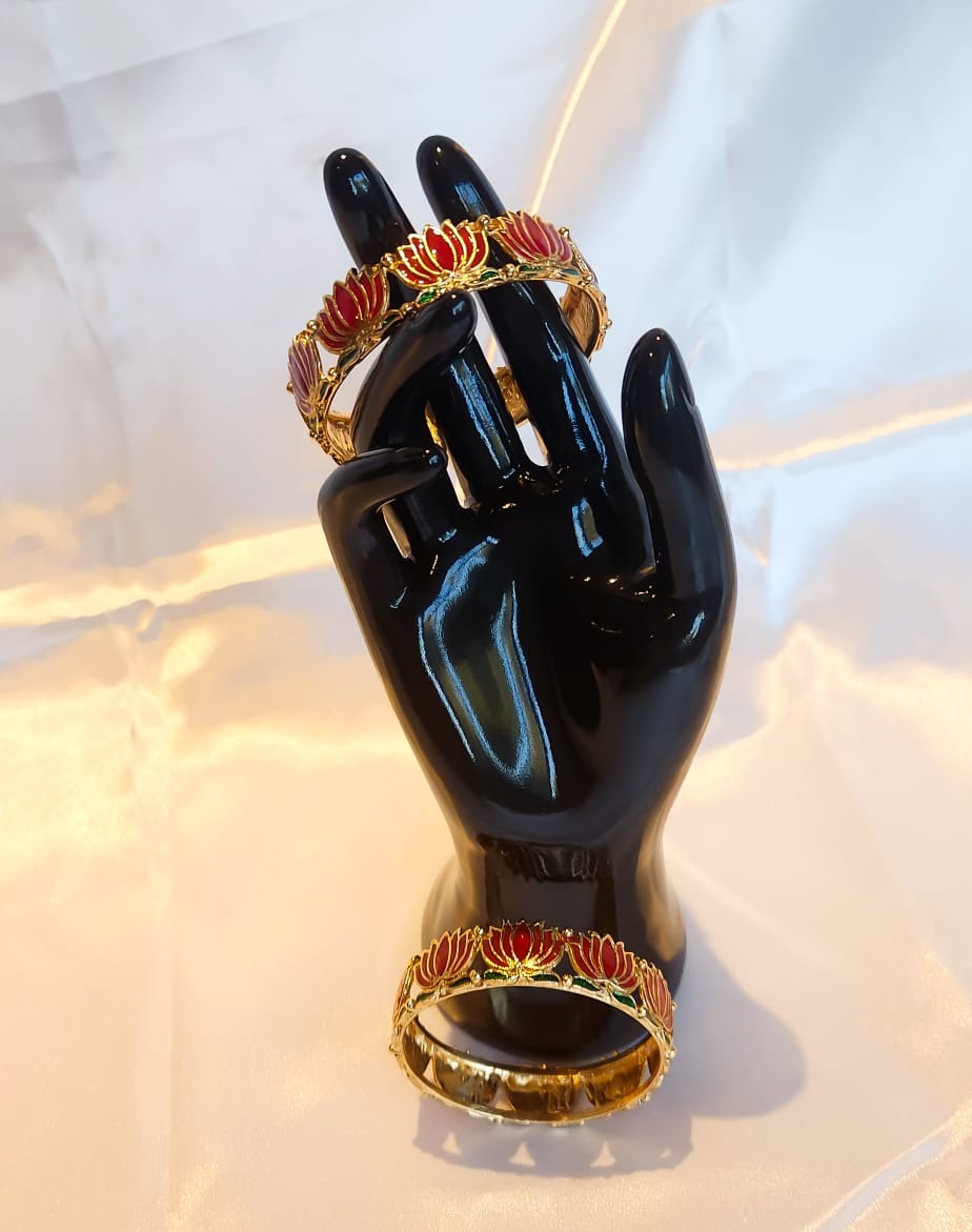 Red lotus design gold enamel bangles set of 2 – Indian jewellery UK