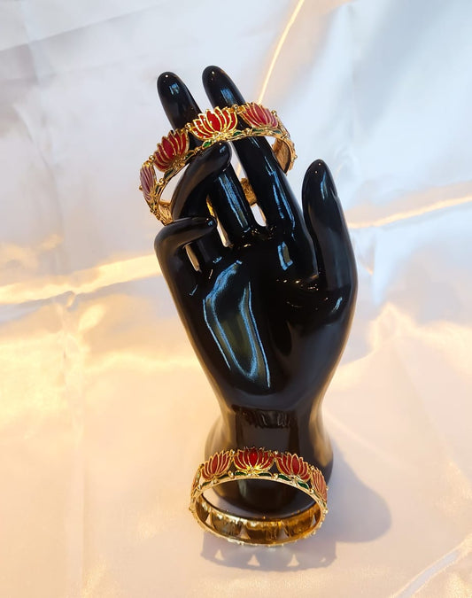 Red lotus design gold enamel bangles set of 2 – Indian jewellery UK