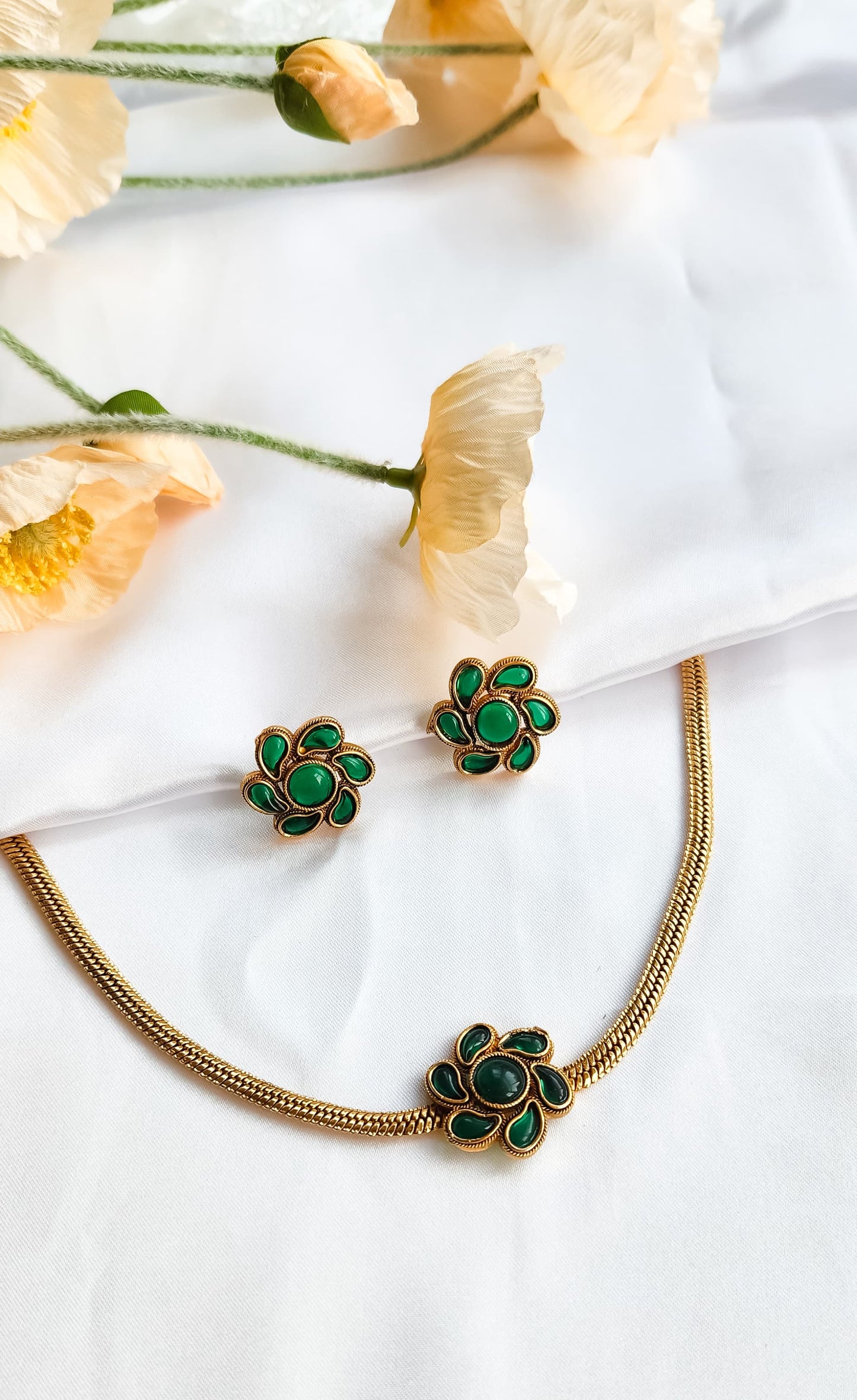 Floral Bloom Enamel Necklace Set (3 Variants: Green, Pink, Multi-Coloured)