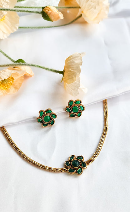 Floral Bloom Enamel Necklace Set (3 Variants: Green, Pink, Multi-Coloured)