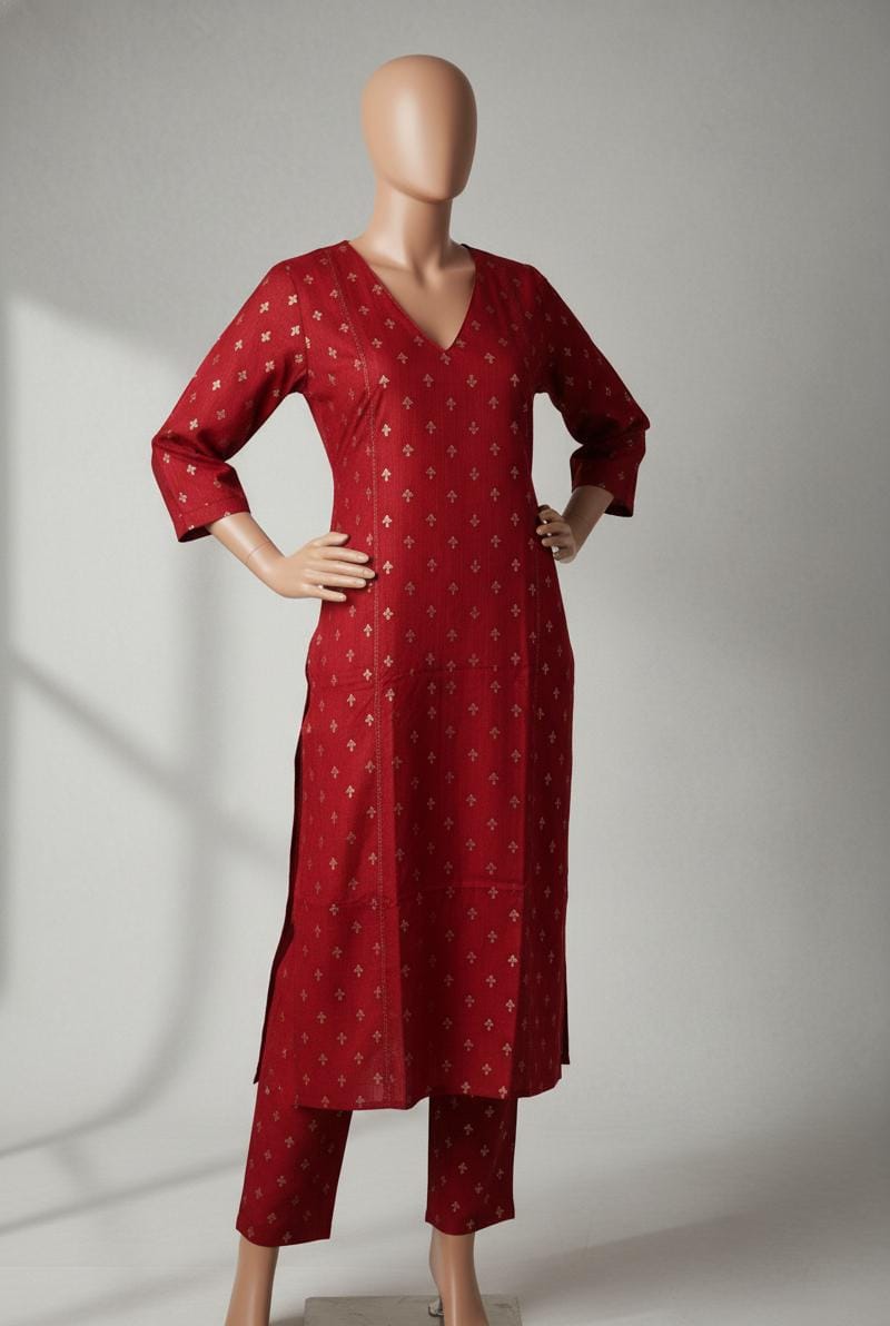 Maroon Christmas special cotton kurta set with golden prints, V-neck and matching pants, available in sizes S and M.