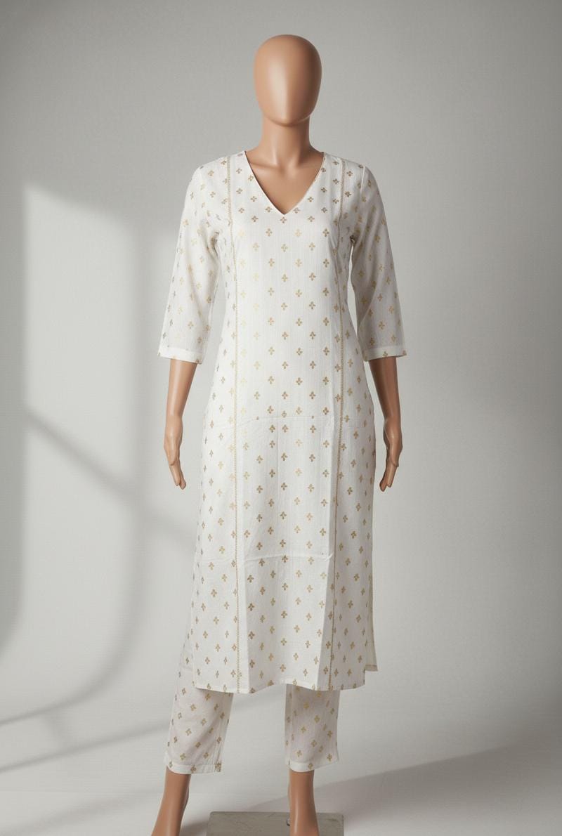 Elegant off-white cotton kurta set with golden prints, V-neck and matching pants,