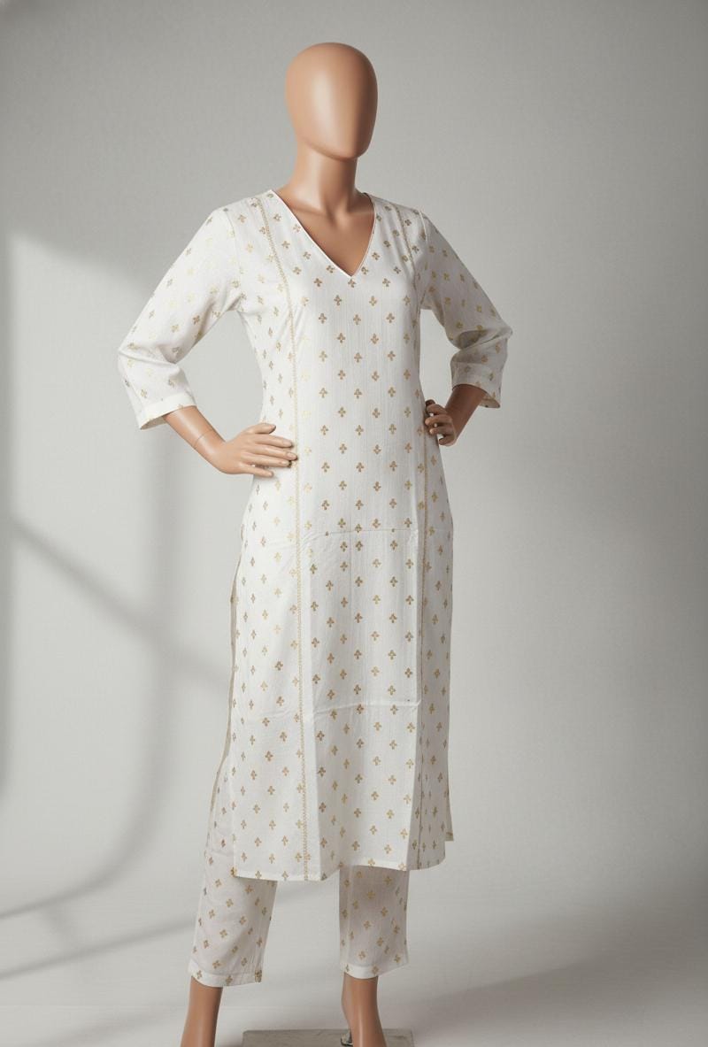 Elegant off-white cotton kurta set with golden prints, V-neck and matching pants,