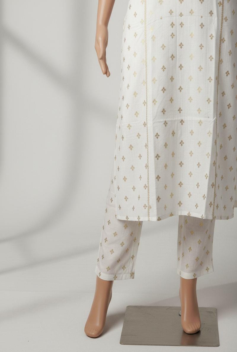 Elegant off-white cotton kurta set with golden prints, V-neck and matching pants,