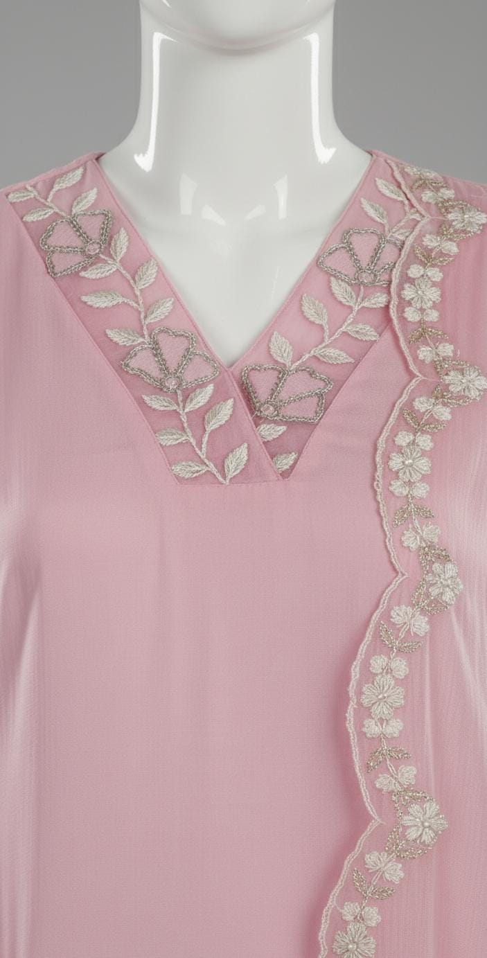 Pastel pink embroidered suit set with floral lace border, V-neck kurta, matching pants, and dupatta — elegant festive outfit for women.