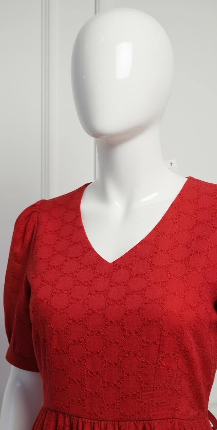Elegant red cotton eyelet midi dress with puff sleeves, V-neckline, and flared skirt — perfect for casual and festive occasions.