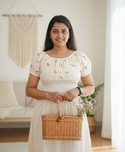 Ivory Floral Embroidered Smocked Midi Dress