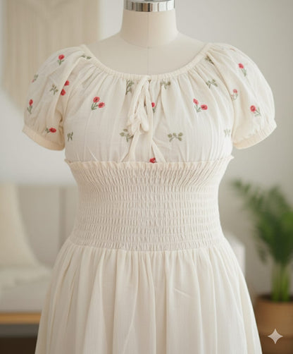 Ivory Floral Embroidered Smocked Midi Dress
