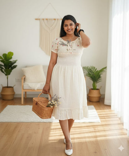 Ivory Floral Embroidered Smocked Midi Dress