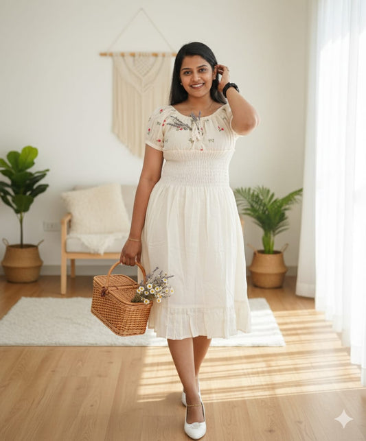 Ivory Floral Embroidered Smocked Midi Dress