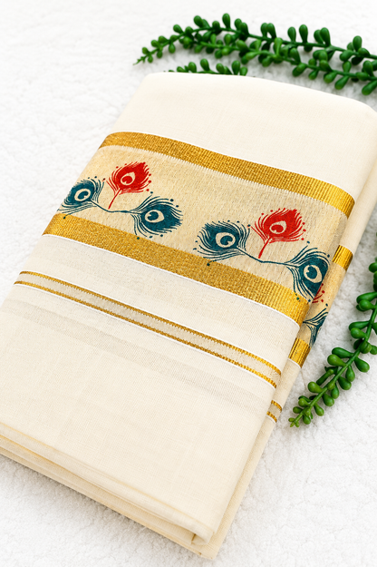 Kerala Set Mundu | Cotton 2-Piece Mundum Neriyathum with Gold Border & Peacock Feather Print