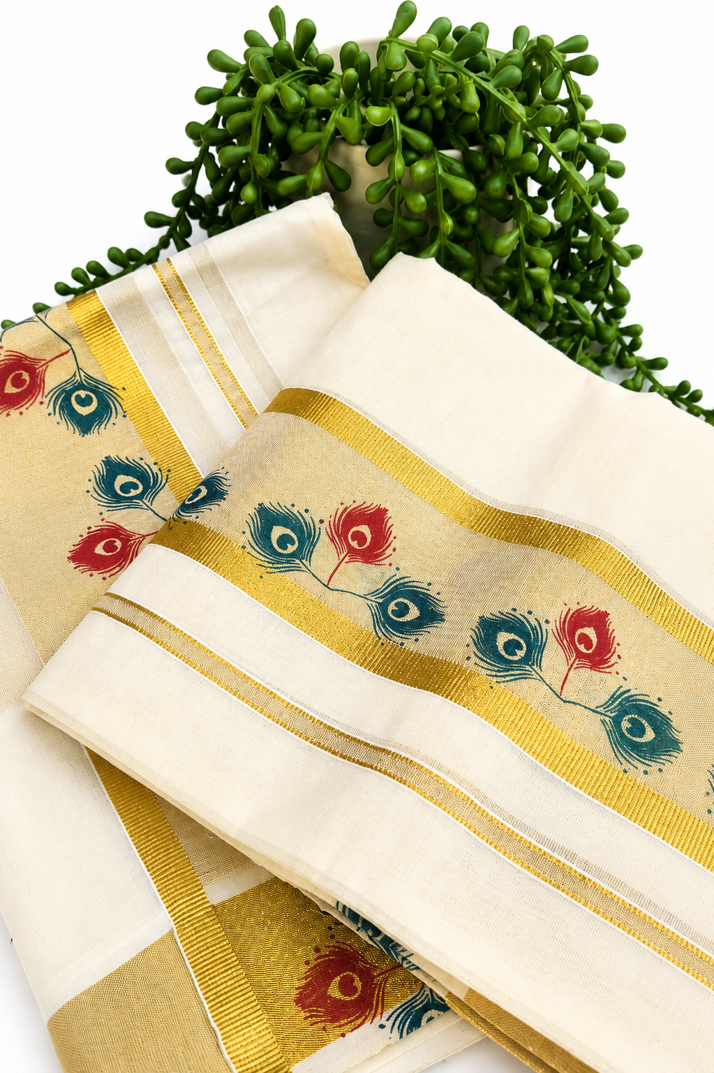 Kerala Set Mundu | Cotton 2-Piece Mundum Neriyathum with Gold Border & Peacock Feather Print