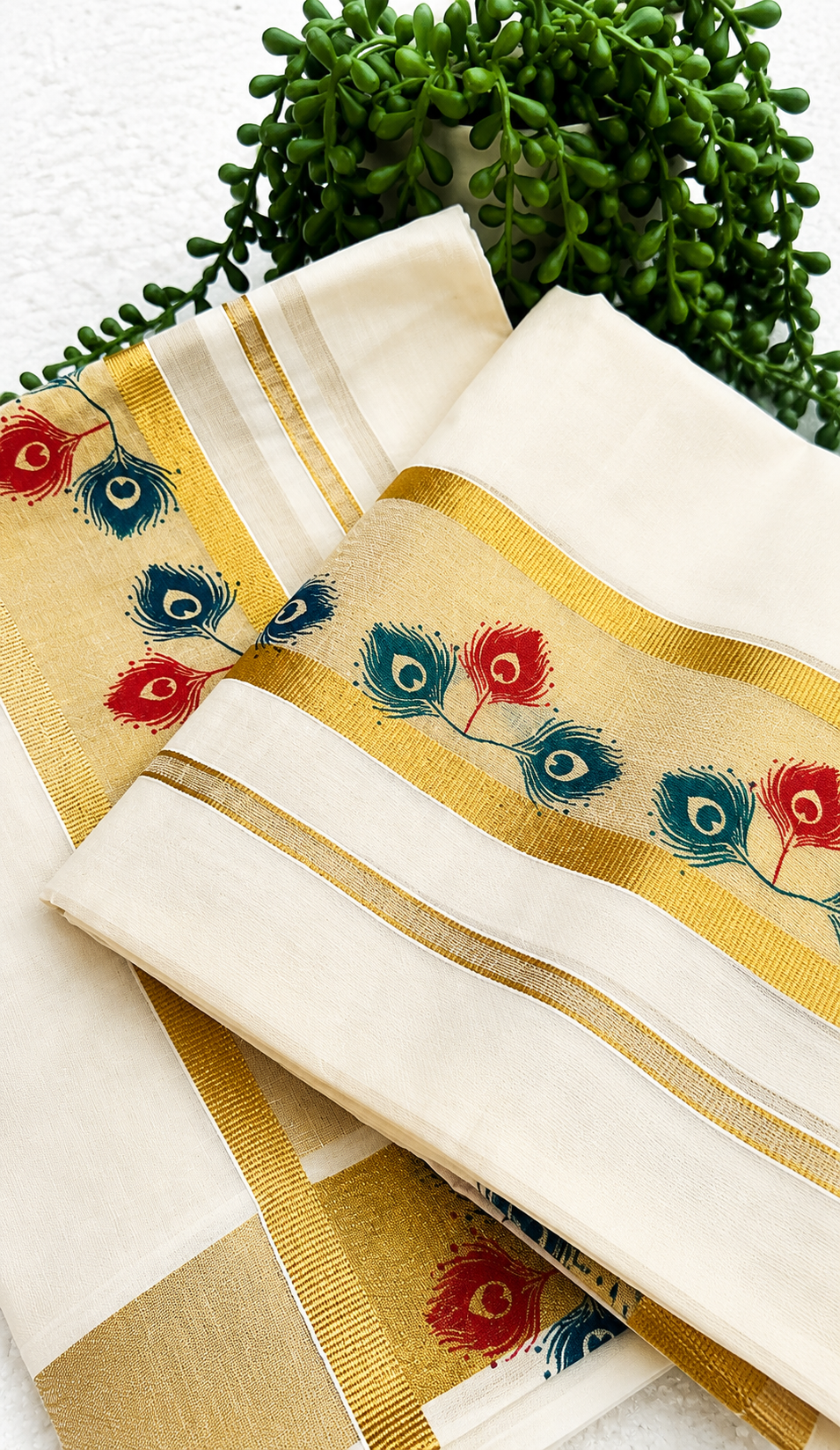 Kerala Set Mundu | Cotton 2-Piece Mundum Neriyathum with Gold Border & Peacock Feather Print