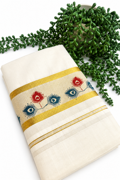 Kerala Set Mundu | Cotton 2-Piece Mundum Neriyathum with Gold Border & Peacock Feather Print