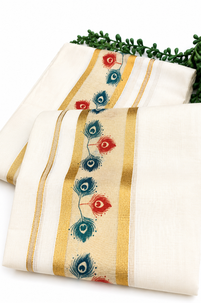 Kerala Set Mundu | Cotton 2-Piece Mundum Neriyathum with Gold Border & Peacock Feather Print
