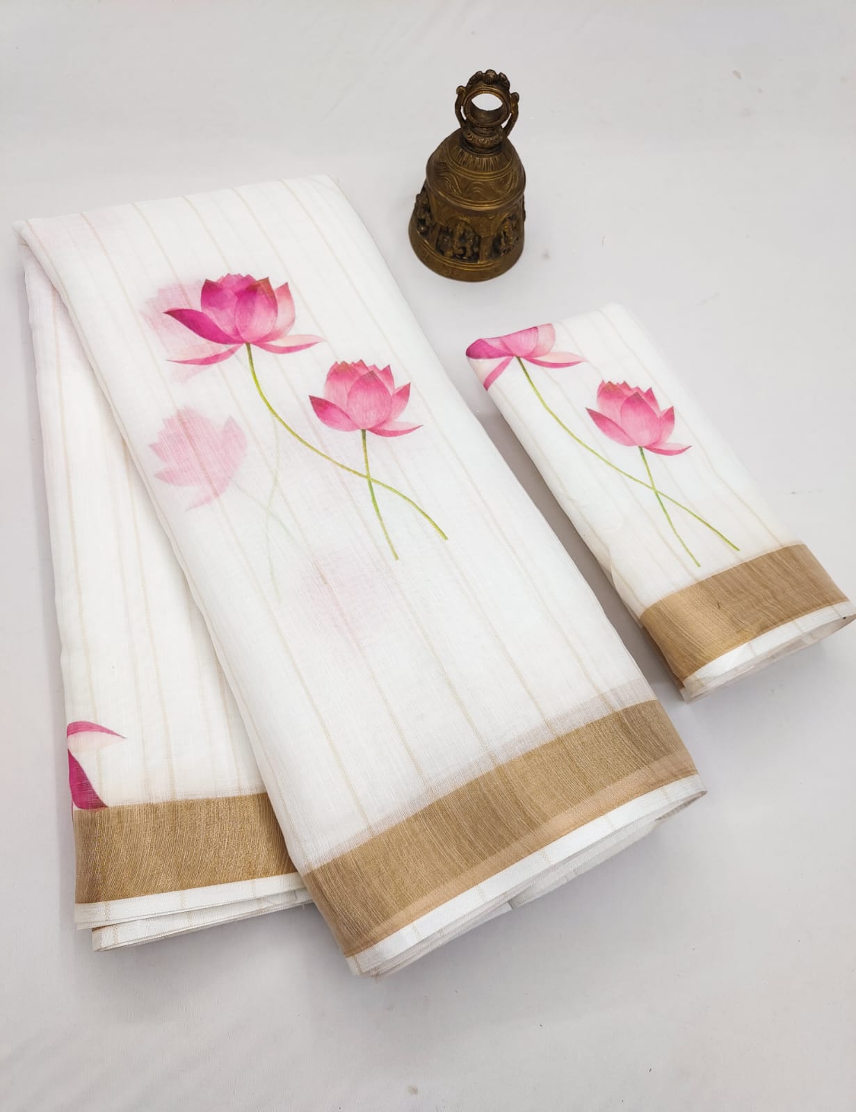 Linen Saree with Gold Zari Border | White Linen Saree with Digital Pink Lotus Print | Saree with Matching Printed Blouse Piece