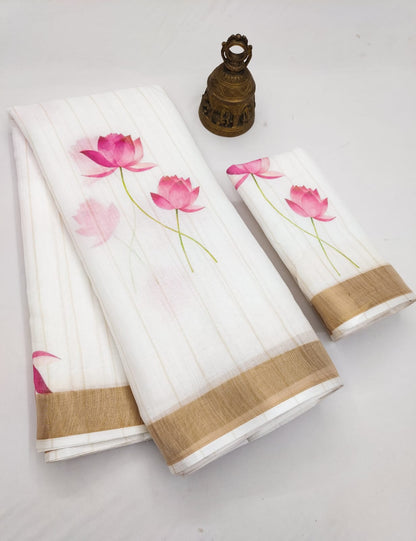Linen Saree with Gold Zari Border | White Linen Saree with Digital Pink Lotus Print | Saree with Matching Printed Blouse Piece
