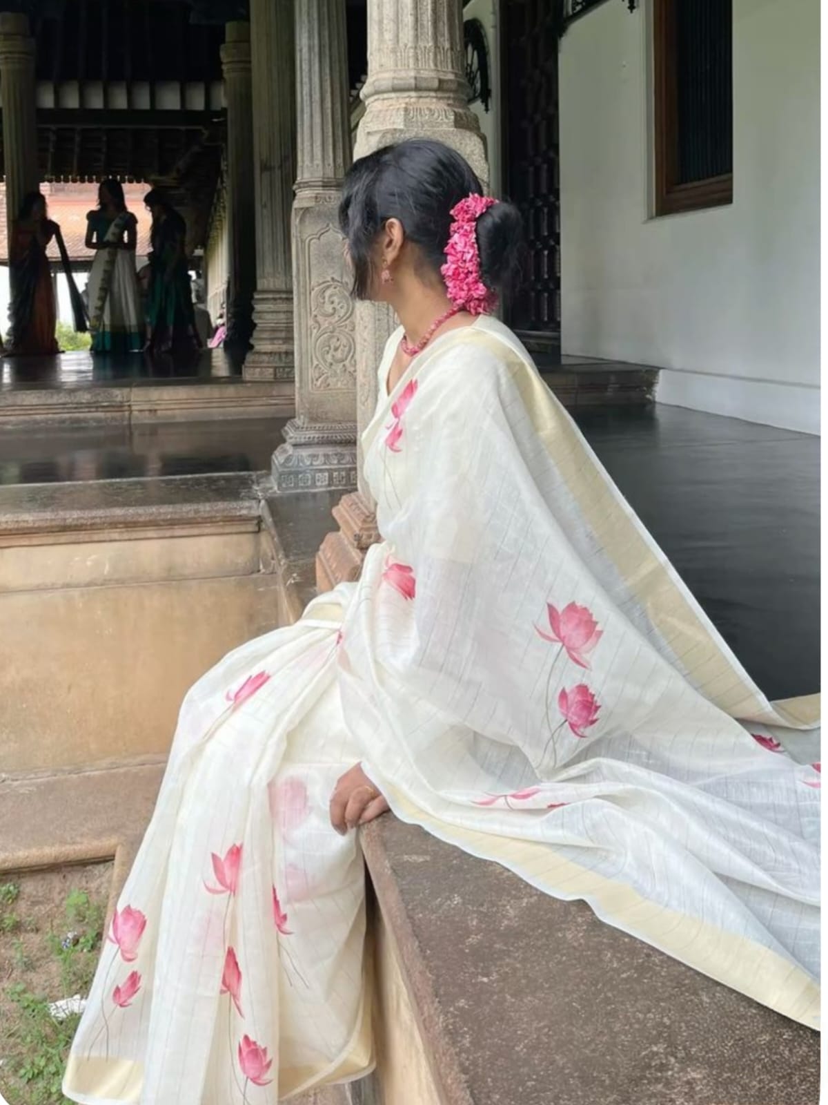 Linen Saree with Gold Zari Border | White Linen Saree with Digital Pink Lotus Print | Saree with Matching Printed Blouse Piece